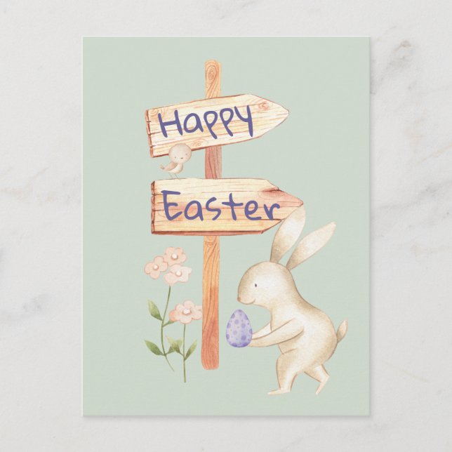 Niedliches Bunny und Ei Happy Oaster auf Pastel Gr Postkarte (Vorderseite)