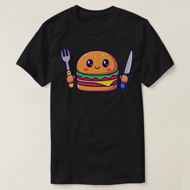 Niedliches Burgermesser und -gabel T-Shirt (Design vorne)