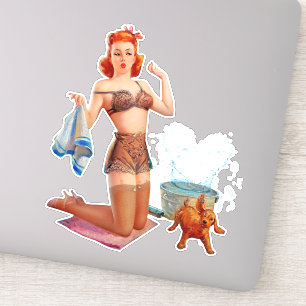 Niedliches Button-up Girl mit kleiner Hündin Vinta Aufkleber