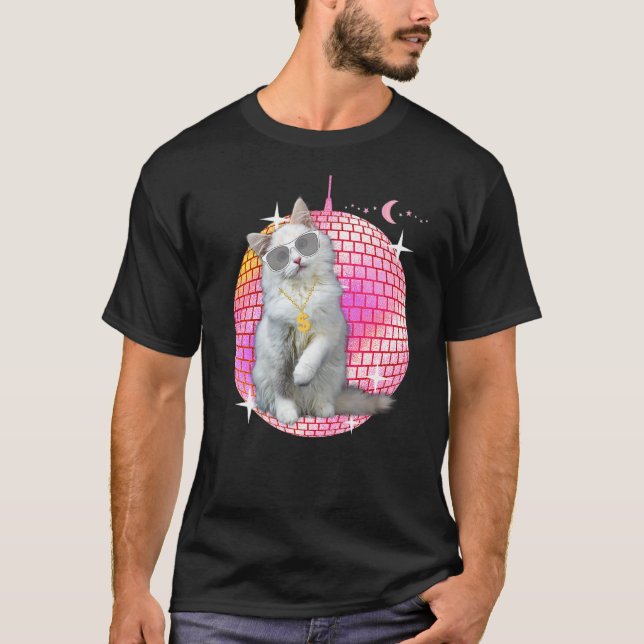 Niedliches Ca Cat Disco Retro Techno Dj Cat Party T-Shirt (Vorderseite)