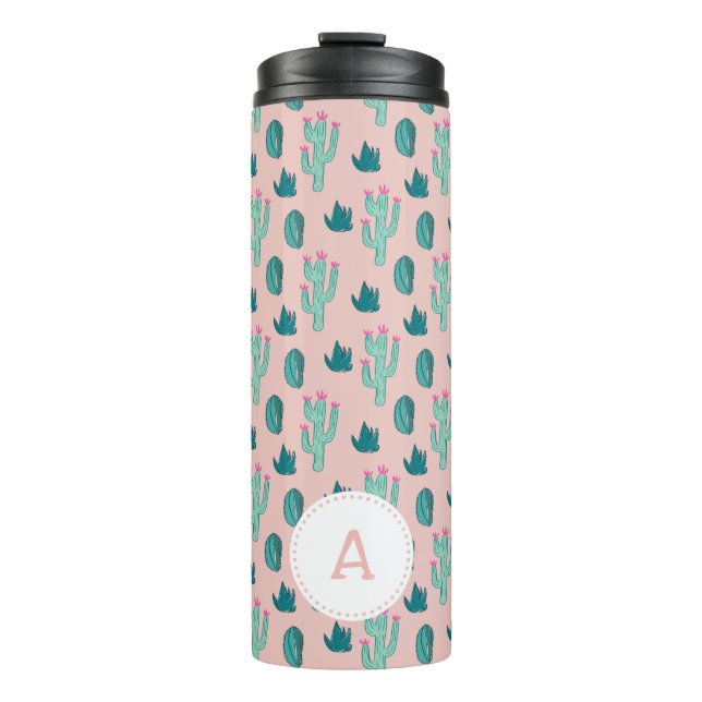Niedliches Cactus Doodle-Muster | Monogramm Thermosbecher (Vorderseite)