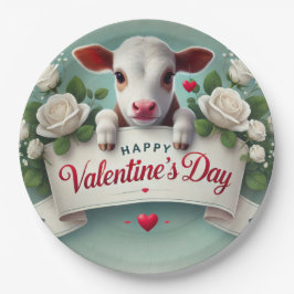 Niedliches Calf Holding Valentinstag Grußbanner Pappteller