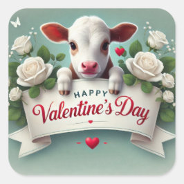 Niedliches Calf Holding Valentinstag Grußbanner Quadratischer Aufkleber