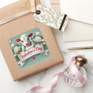 Niedliches Calf Holding Valentinstag Grußbanner Quadratischer Aufkleber