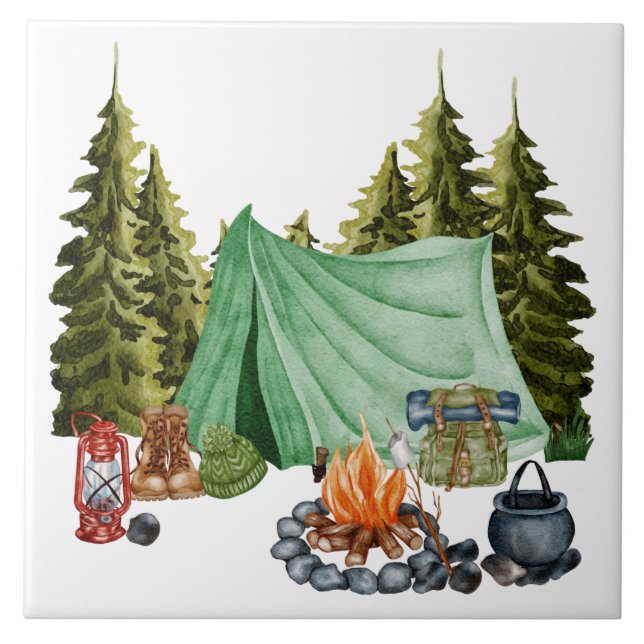 Niedliches Camping Thema Campfire, Zelt, Wald Fliese (Vorderseite)
