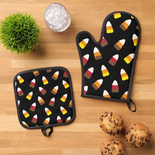 Niedliches Candy Corn Pattern Halloween Ofenhandschuh & Topflappen-Set (Oben Unten)
