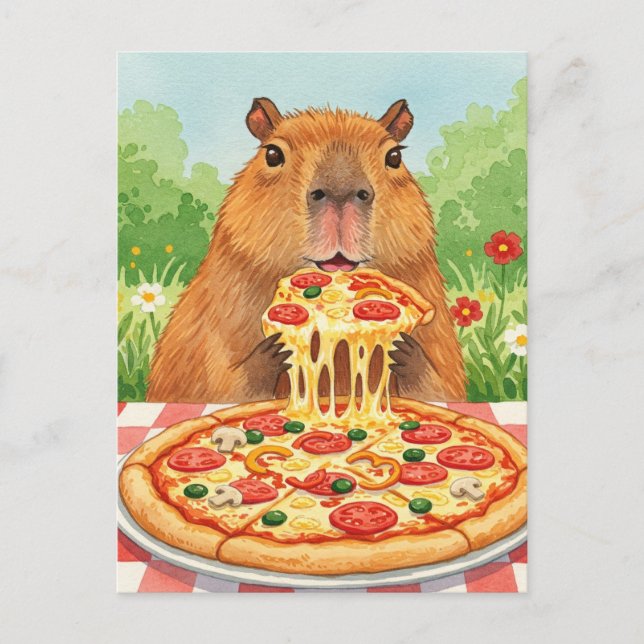 Niedliches Capybara mit Pizza Postkarte (Vorderseite)