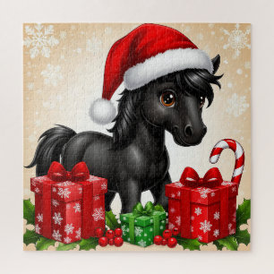 Niedliches Cartoon-Pony mit Weihnachtsmannmütze Puzzle