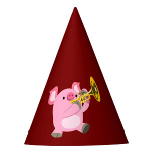 Niedliches Cartoon-Schwein spielt Trompete Partyhu Partyhütchen
