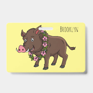 Niedliches Cartoon-Wildschwein und Blumen Ausweis