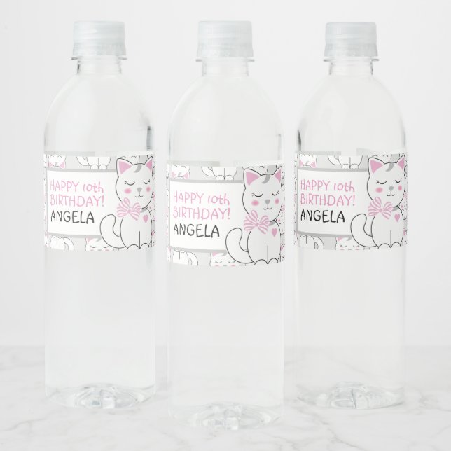 Niedliches Cat Birthday Party Wasserflasche Wasserflaschenetikett (Flaschen)