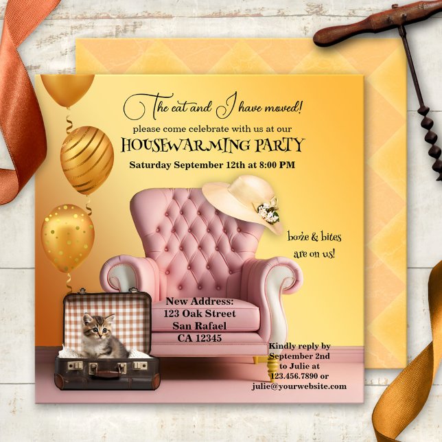 Niedliches Cat Boho Chic Housewarming Party Einladung (Boho chic housewarming party invitation for cat lovers in a fun sunny artistic style)