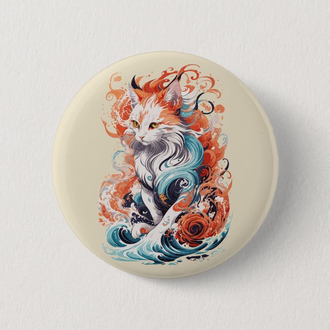 Niedliches Cat-Design im neo-traditionellen Stil Button (Vorderseite)