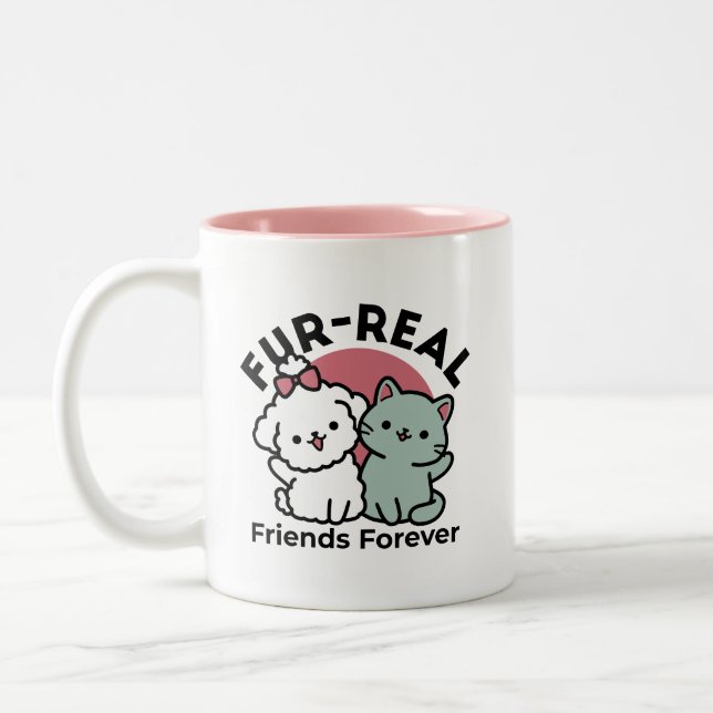 Niedliches Cat & Dog "Fur-Real Friends Forever"-De Zweifarbige Tasse (Links)