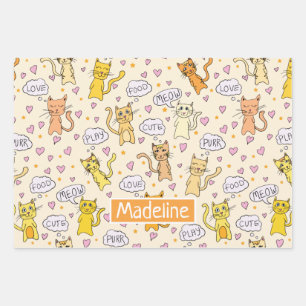 Niedliches Cat Doodles Muster Geschenkpapier Set
