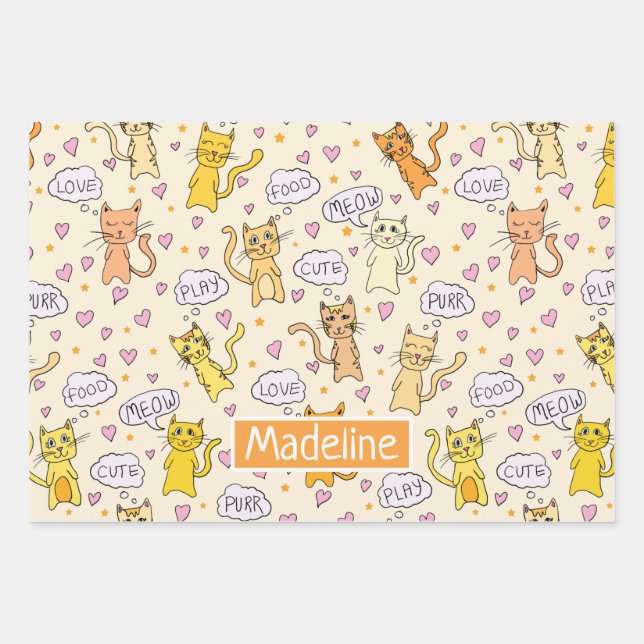 Niedliches Cat Doodles Muster Geschenkpapier Set (Vorderseite)