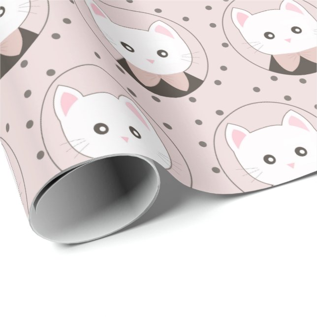 Niedliches Cat Face Pink Dotty Pattern Geschenkpapier (Rolleneckpunkt)