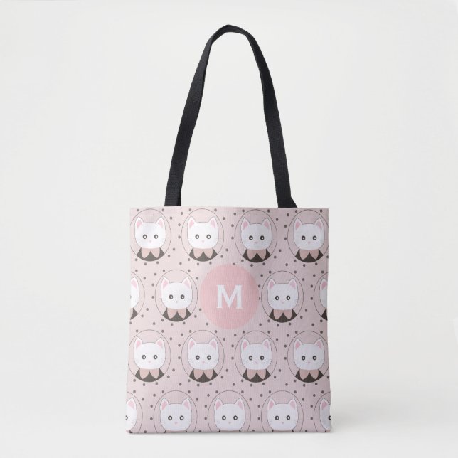 Niedliches Cat Face Pink Dotty Pattern Monogramm (Vorderseite)