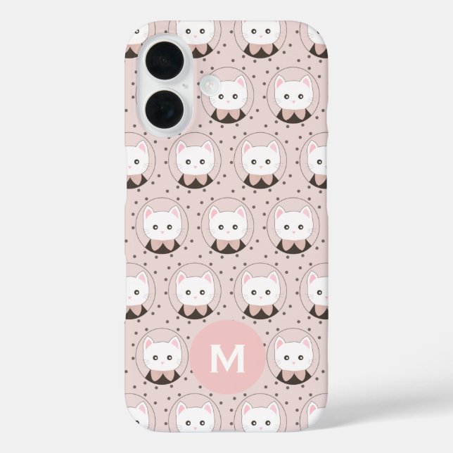Niedliches Cat Face Pink Dotty Pattern Monogramm Case-Mate iPhone Hülle (Rückseite)