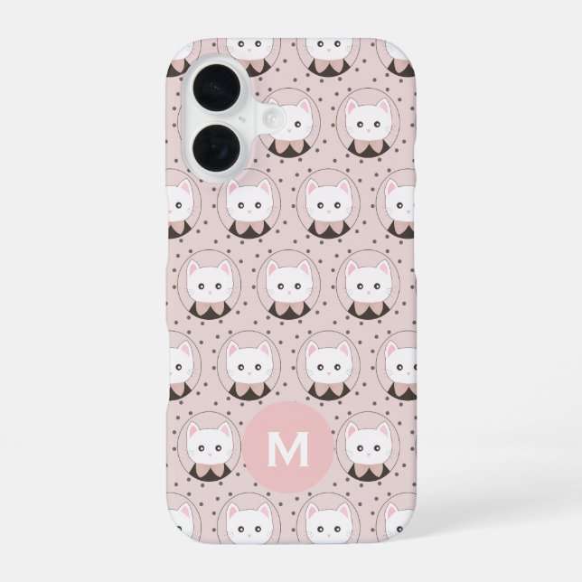 Niedliches Cat Face Pink Dotty Pattern Monogramm iPhone 16 Hülle (Rückseite)