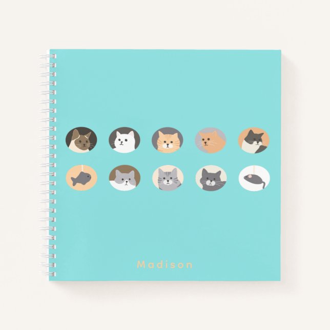 Niedliches Cat Faces Blue Spiral Notebook mit Name Notizbuch (Vorderseite)
