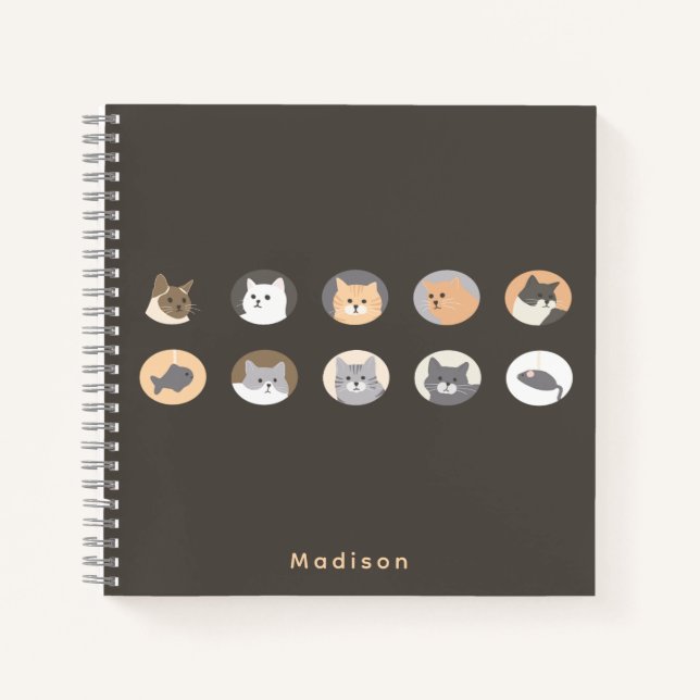 Niedliches Cat Faces Dark Gray Notebook mit Namen Notizbuch (Vorderseite)