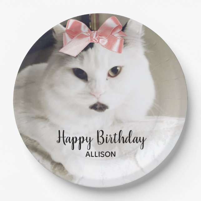 Niedliches Cat Foto Birthday White Pink Personalis Pappteller (Vorderseite)