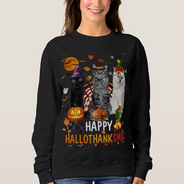 Niedliches Cat Halloween Frohe Weihnachtsfeier Hal Sweatshirt (Vorderseite)