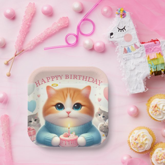 Niedliches Cat Happy Birthday Paper Plate Pappteller (Party)