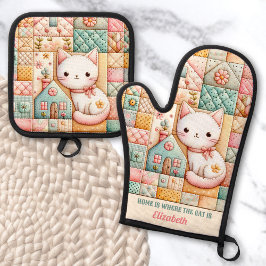 Niedliches Cat House Quilt Patchwork Pastel Indivi Ofenhandschuh & Topflappen-Set