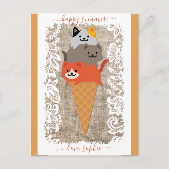 Niedliches Cat Ice Cream Cone Happy Summer Postkarte (Vorderseite)