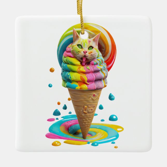 Niedliches Cat Ice Creme Cone farbig Keramikornament (Vorderseite)