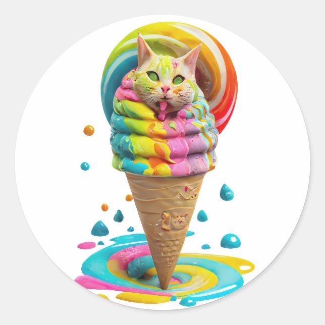 Niedliches Cat Ice Creme Cone farbig Runder Aufkleber (Vorderseite)