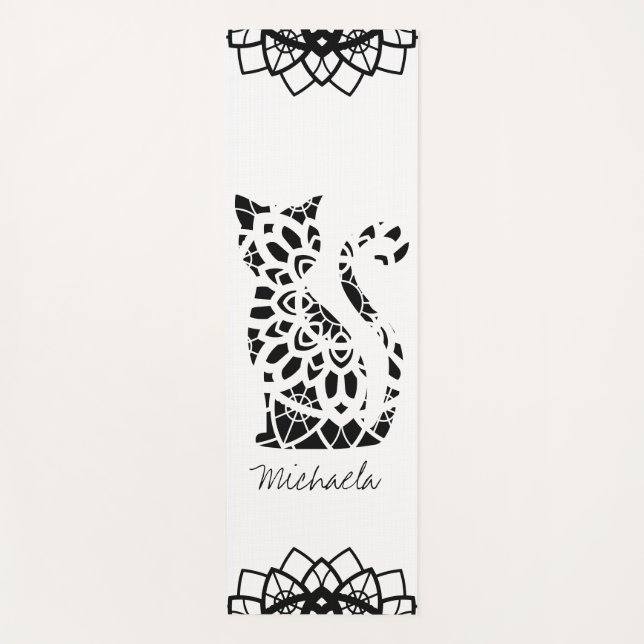 Niedliches Cat Mandala Name Girly Black anpassbar Yogamatte (Vorderseite)