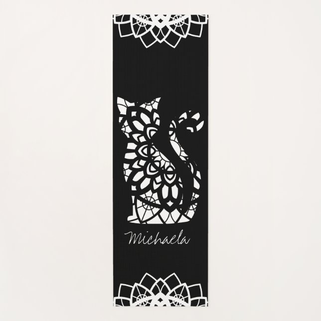 Niedliches Cat Mandala Name Girly Black anpassbar Yogamatte (Vorderseite)
