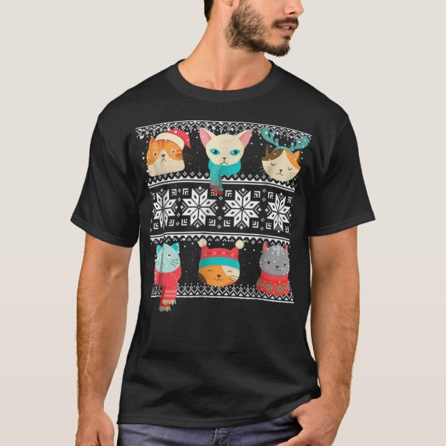 Niedliches Cat Meow Gesicht Ugly Sweater Weihnacht T-Shirt (Vorderseite)