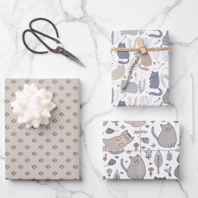 Niedliches Cat-Party Geschenkpapier Set (Vorderseite)