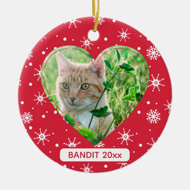 Niedliches Cat Pet Foto Snowflake Rote Weihnachten Keramik Ornament (Vorne)