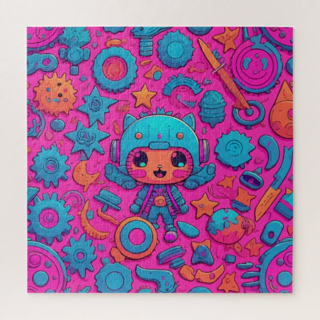 Niedliches Cat Pink-Kunstwerk Puzzle (Vertikal)