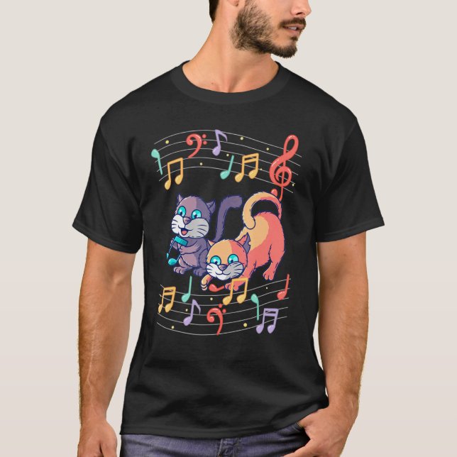 Niedliches Cat Playing Musiknote Clef Musica T-Shirt (Vorderseite)