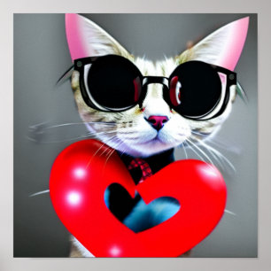 Niedliches Cat Valentine's Day Heart Blac Brille K Poster
