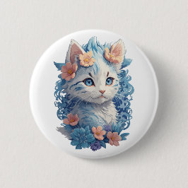 Niedliches Cat Watercolor-Gemälde mit floralem Spl Button