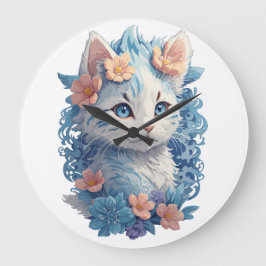 Niedliches Cat Watercolor-Gemälde mit floralem Spl Große Wanduhr