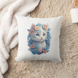 Niedliches Cat Watercolor-Gemälde mit floralem Spl Kissen