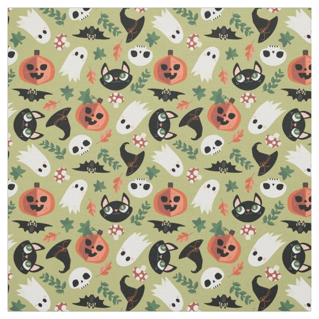 Niedliches Cats & Pumpkins Olive Black Halloween M Stoff (Muster)