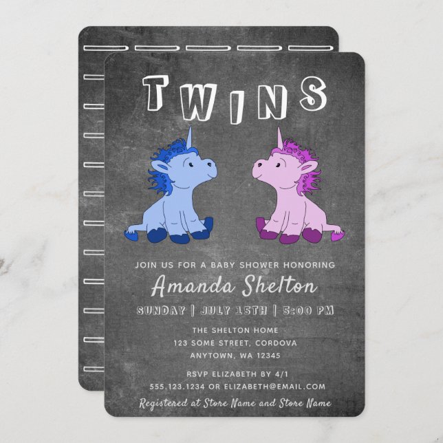 Niedliches Chalkboard Unicorn Boy Girl Twins Kinde Einladung (Vorne/Hinten)