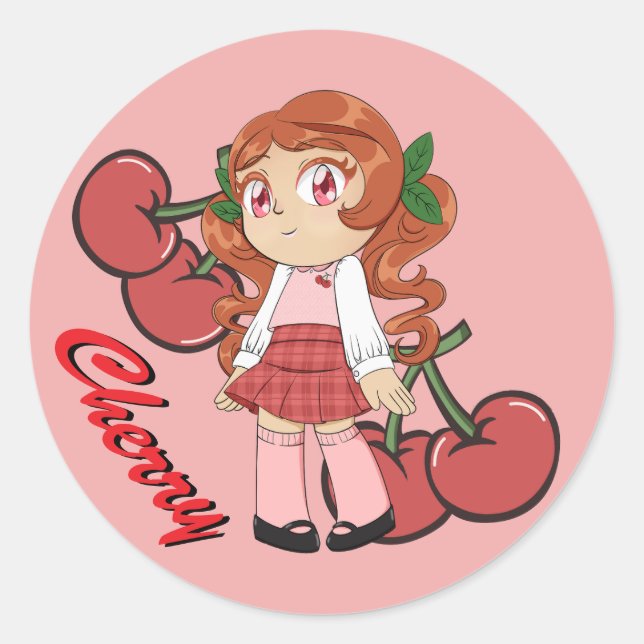 Niedliches Cherry Theme Chibi mit Kirschuntergrund Runder Aufkleber (Vorderseite)