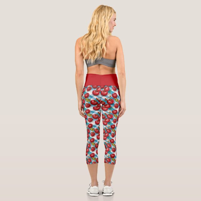 Niedliches Cherry und blaues Kariertes Muster Capri Leggings (Rückseite)