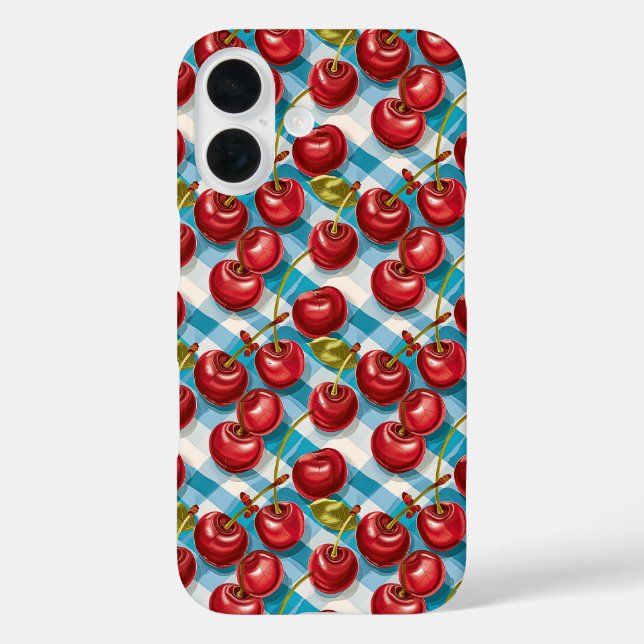 Niedliches Cherry und blaues Kariertes Muster Case-Mate iPhone Hülle (Rückseite)