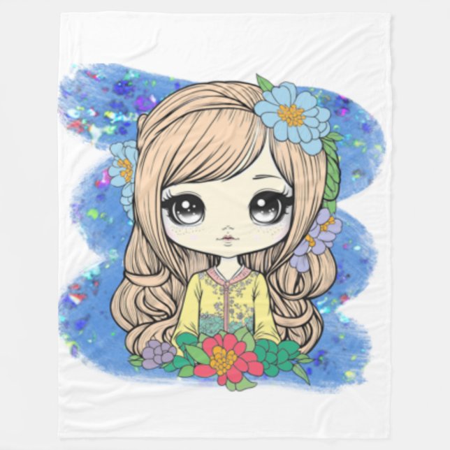 Niedliches Chibi Girl mit blauem Wasser und Glitze Fleecedecke (Vorderseite)